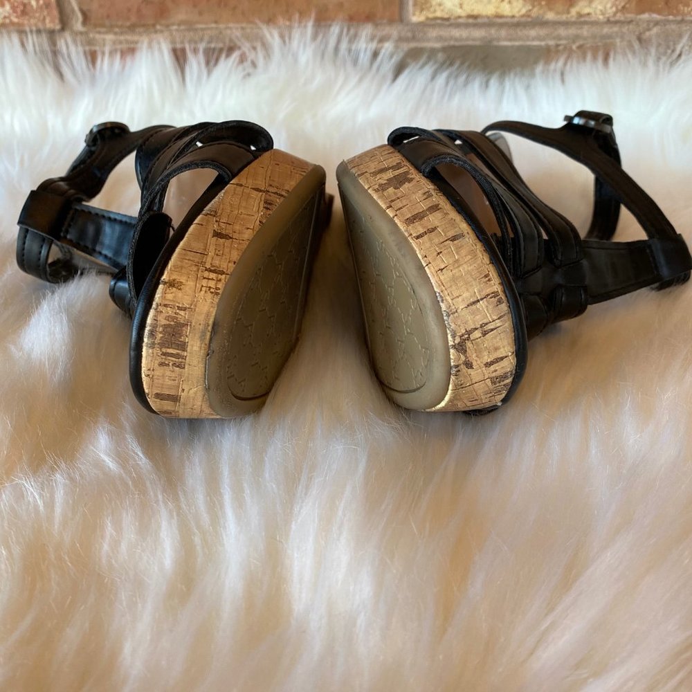 FRANCO SARTO Sandals T-Strap Peep Toe “Mary Beth” Black Leather Cork Wedge 9.5 - Picture 5 of 6